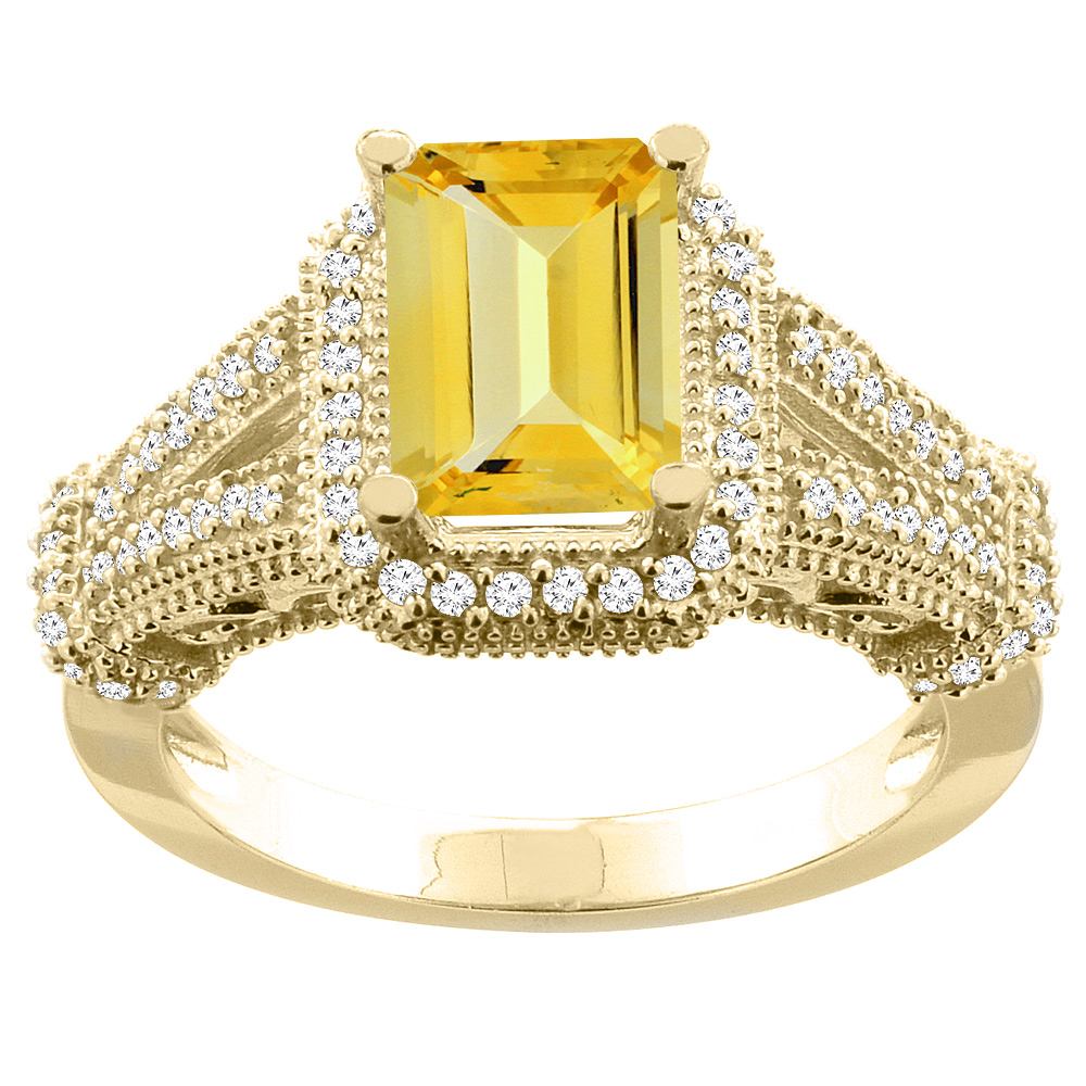 10K White/Yellow/Rose Gold Natural Citrine Ring Octagon 8x6mm Diamond Accent, sizes 5-10