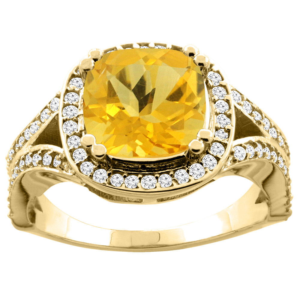 10K Yellow Gold Natural Citrine Split Ring Cushion 8x8mm Diamond Accent, sizes 5 - 10