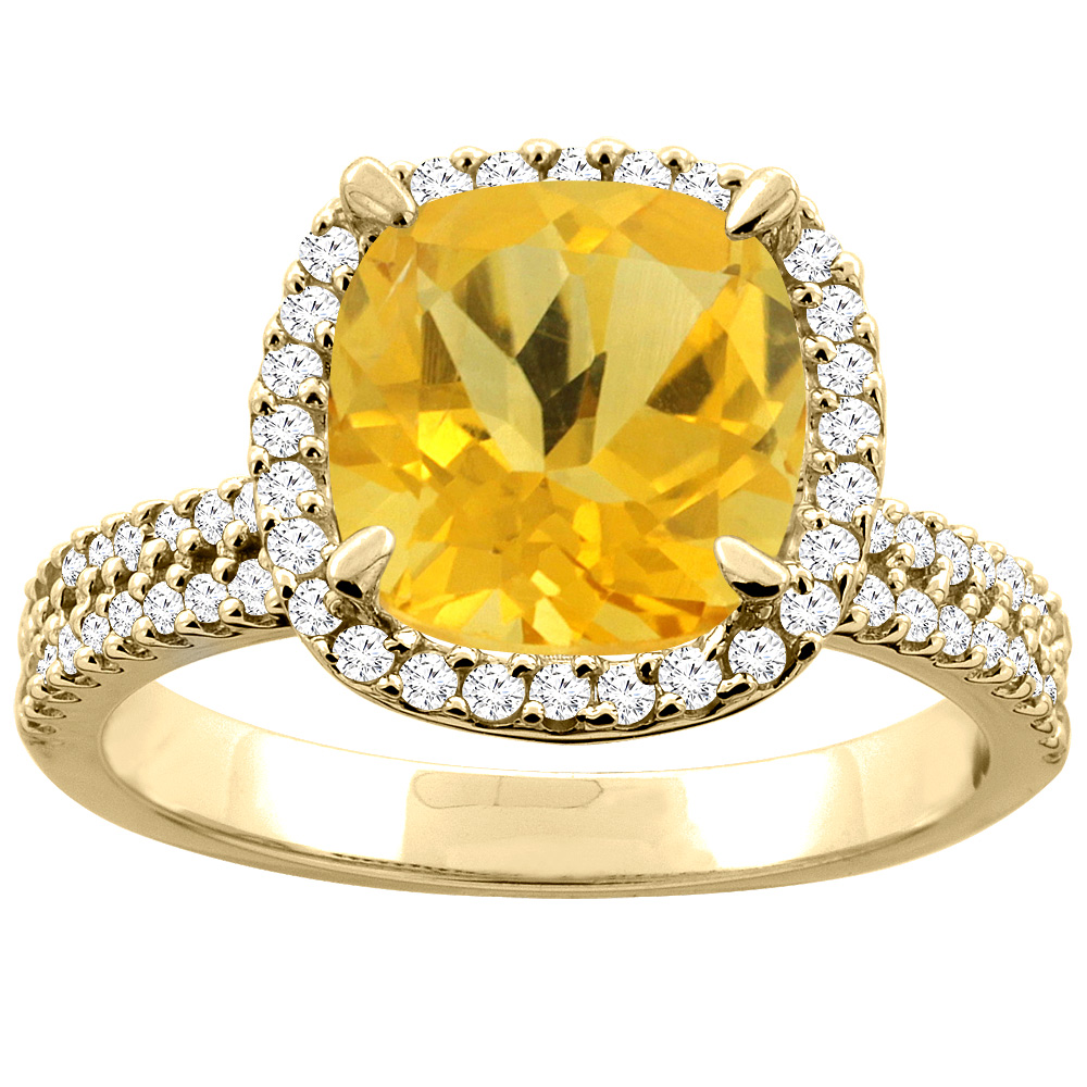 10K Yellow Gold Natural Citrine Halo Ring Cushion 9x9mm Diamond Accent, sizes 5 - 10