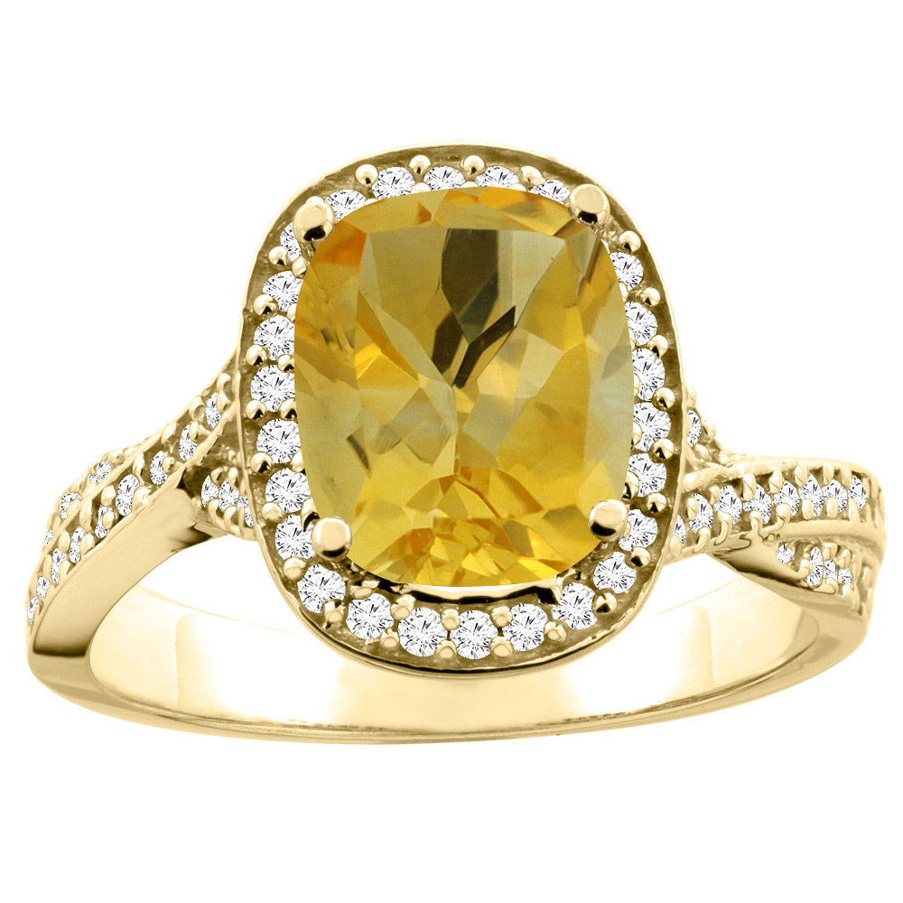 10K Yellow Gold Natural Citrine Halo Ring Cushion 9x7mm Diamond Accent, sizes 5 - 10