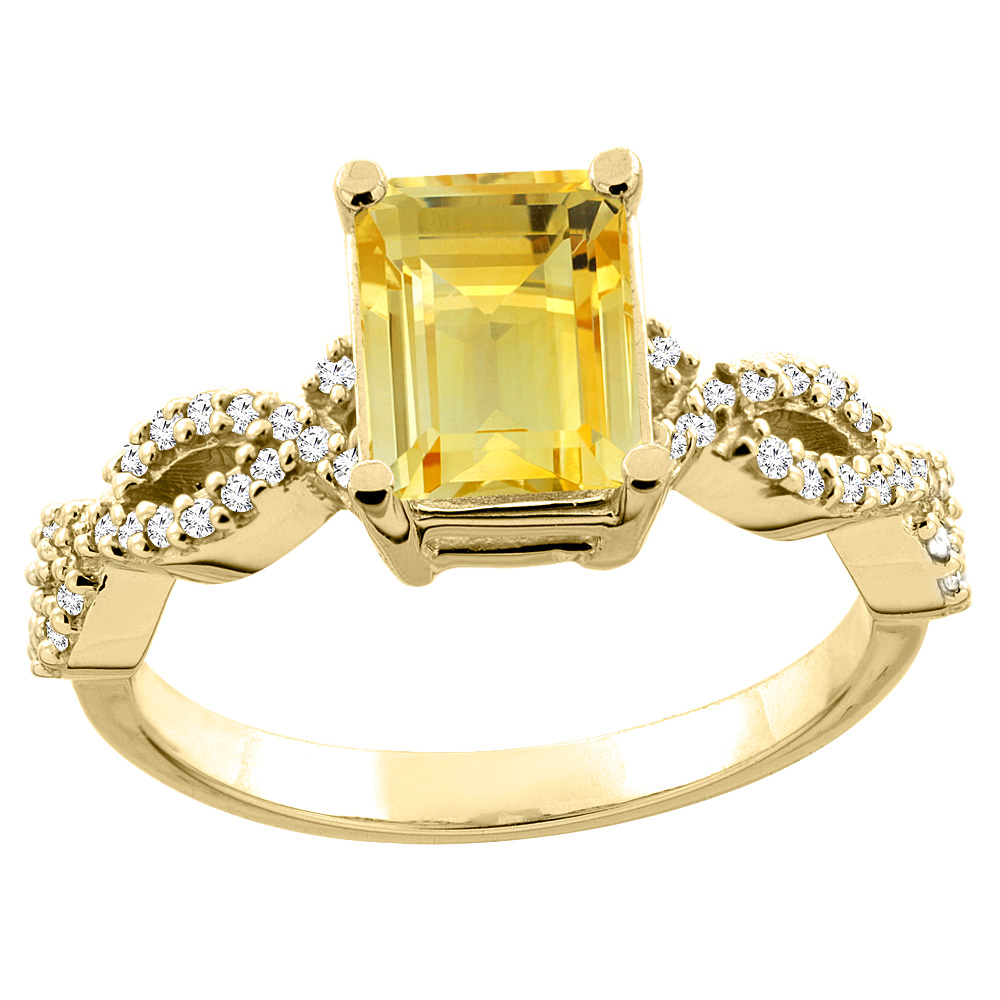 10K White/Yellow Gold Natural Citrine Eternity Ring Octagon 9x7mm Diamond Accent, sizes 5 - 10