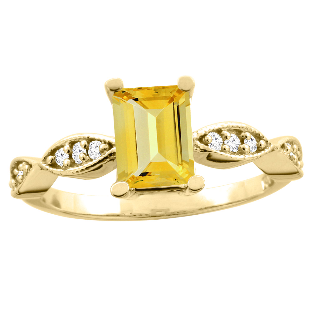 10K White/Yellow Gold Natural Citrine Ring Octagon 8x6mm Diamond Accent, sizes 5 - 10