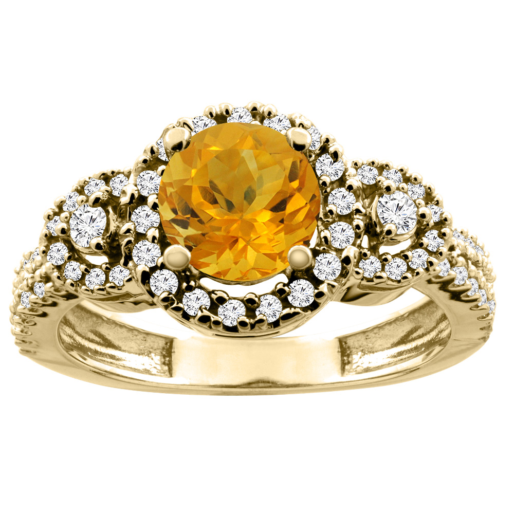 10K White/Yellow Gold Diamond Halo Natural Citrine Ring Round 6mm, sizes 5 - 10