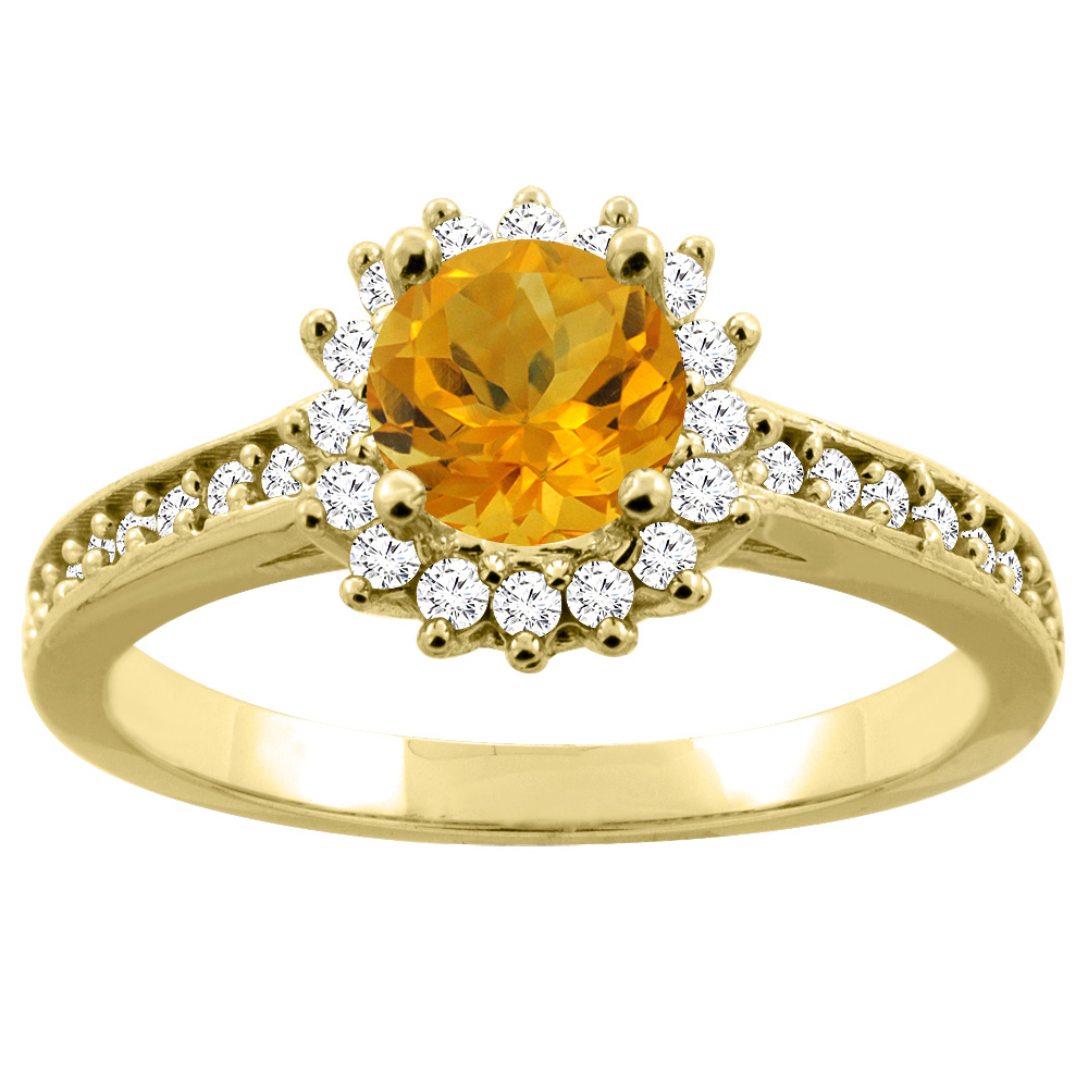 10K Gold Natural Citrine Floral Halo Diamond Engagement Ring Round 6mm, sizes 5 - 10
