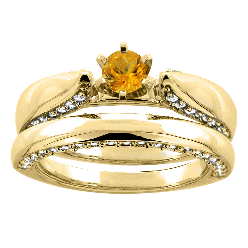 10K Yellow Gold Natural Citrine 2-piece Bridal Ring Set Diamond Accents Round 5mm, sizes 5 - 10