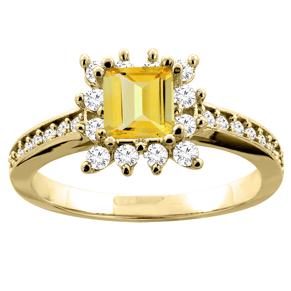 10K Yellow Gold Natural Citrine Engagement Ring Diamond Accents Square 5mm, sizes 5 - 10