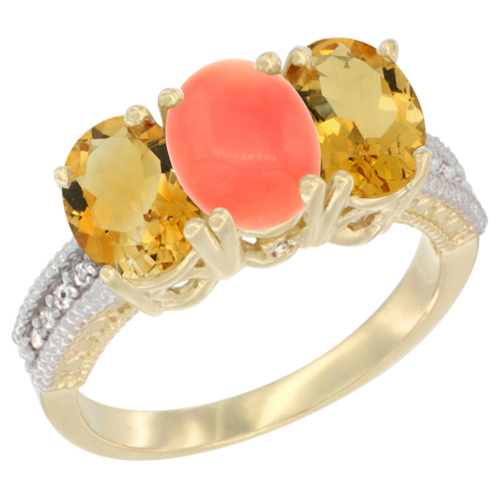 10K Yellow Gold Diamond Natural Coral & Citrine Ring 3-Stone 7x5 mm Oval, sizes 5 - 10