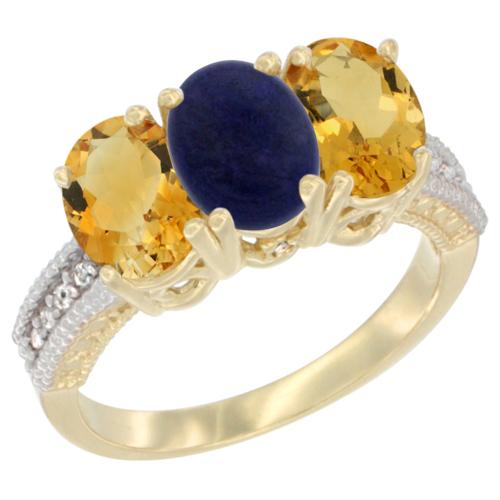 14K Yellow Gold Natural Lapis & Citrine Sides Ring 3-Stone 7x5 mm Oval Diamond Accent, sizes 5 - 10