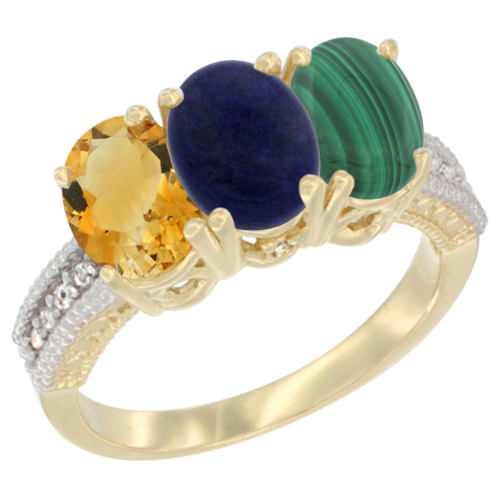 14K Yellow Gold Natural Citrine, Lapis & Malachite Ring 3-Stone 7x5 mm Oval Diamond Accent, sizes 5 - 10