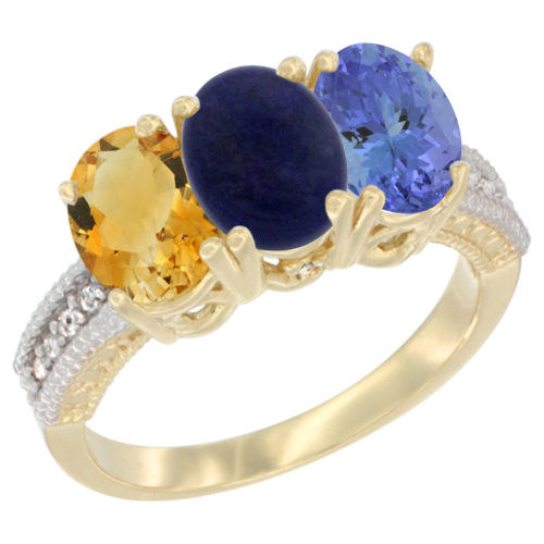 14K Yellow Gold Natural Citrine, Lapis & Tanzanite Ring 3-Stone 7x5 mm Oval Diamond Accent, sizes 5 - 10