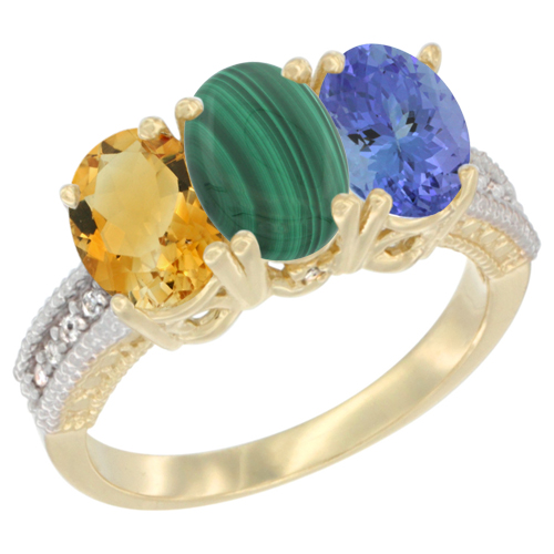 14K Yellow Gold Natural Citrine, Malachite & Tanzanite Ring 3-Stone 7x5 mm Oval Diamond Accent, sizes 5 - 10