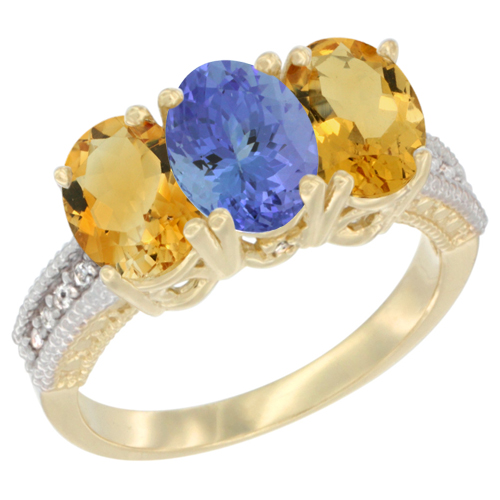 10K Yellow Gold Diamond Natural Tanzanite & Citrine Ring 3-Stone 7x5 mm Oval, sizes 5 - 10