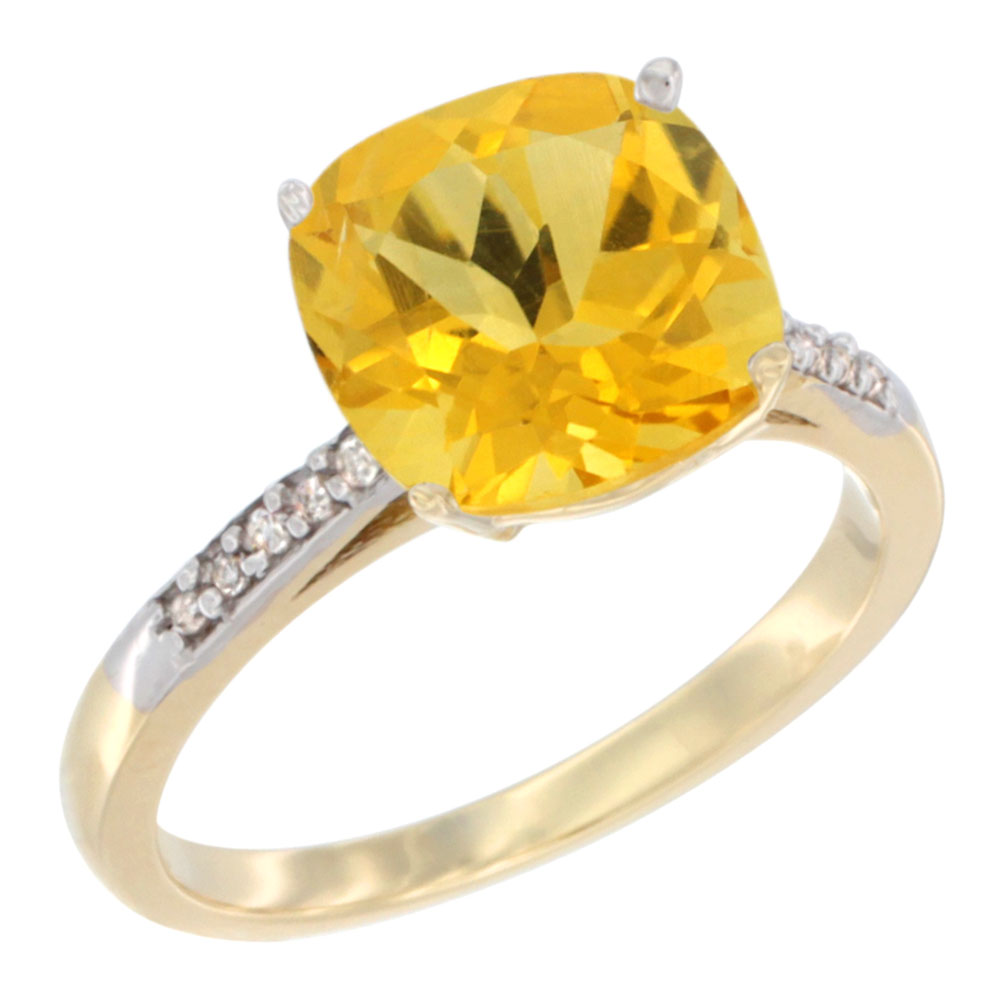 10K Yellow Gold Natural Citrine Ring Cushion-cut 9 mm Diamond accent, sizes 5 - 10