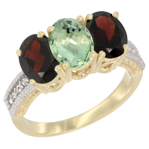 10K Yellow Gold Diamond Natural Green Amethyst & Garnet Ring 3-Stone 7x5 mm Oval, sizes 5 - 10