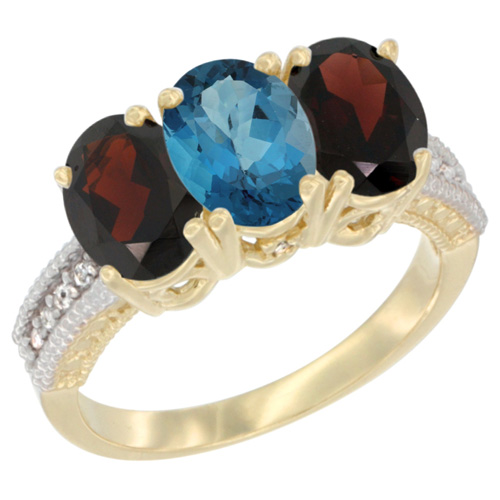 10K Yellow Gold Diamond Natural London Blue Topaz & Garnet Ring 3-Stone 7x5 mm Oval, sizes 5 - 10