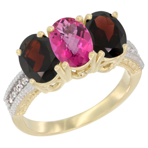 10K Yellow Gold Diamond Natural Pink Topaz & Garnet Ring 3-Stone 7x5 mm Oval, sizes 5 - 10
