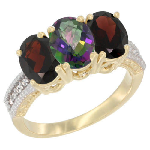 14K Yellow Gold Natural Mystic Topaz & Garnet Sides Ring 3-Stone 7x5 mm Oval Diamond Accent, sizes 5 - 10