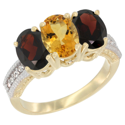 10K Yellow Gold Diamond Natural Citrine & Garnet Ring 3-Stone 7x5 mm Oval, sizes 5 - 10