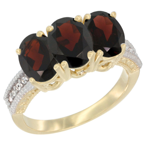 14K Yellow Gold Natural Garnet Ring 3-Stone 7x5 mm Oval Diamond Accent, sizes 5 - 10