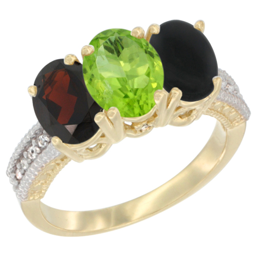 10K Yellow Gold Diamond Natural Garnet, Peridot & Black Onyx Ring 3-Stone 7x5 mm Oval, sizes 5 - 10