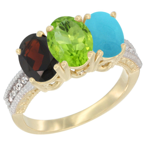 10K Yellow Gold Diamond Natural Garnet, Peridot & Turquoise Ring 3-Stone 7x5 mm Oval, sizes 5 - 10