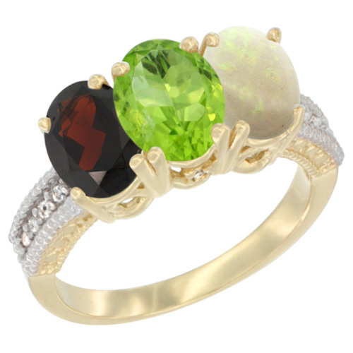 10K Yellow Gold Diamond Natural Garnet, Peridot & Opal Ring 3-Stone 7x5 mm Oval, sizes 5 - 10