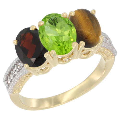 10K Yellow Gold Diamond Natural Garnet, Peridot & Tiger Eye Ring 3-Stone 7x5 mm Oval, sizes 5 - 10