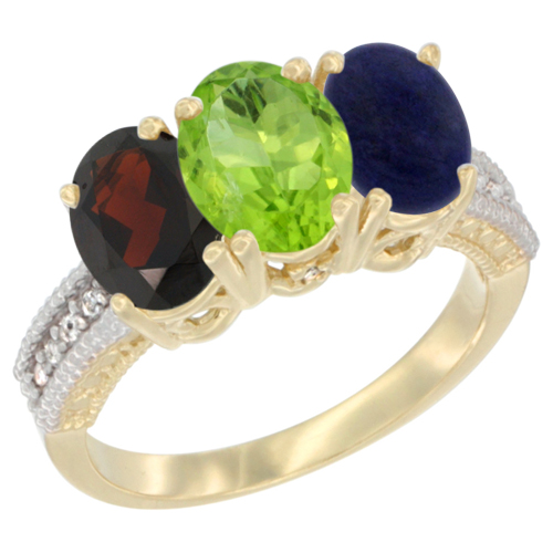 10K Yellow Gold Diamond Natural Garnet, Peridot & Lapis Ring 3-Stone 7x5 mm Oval, sizes 5 - 10