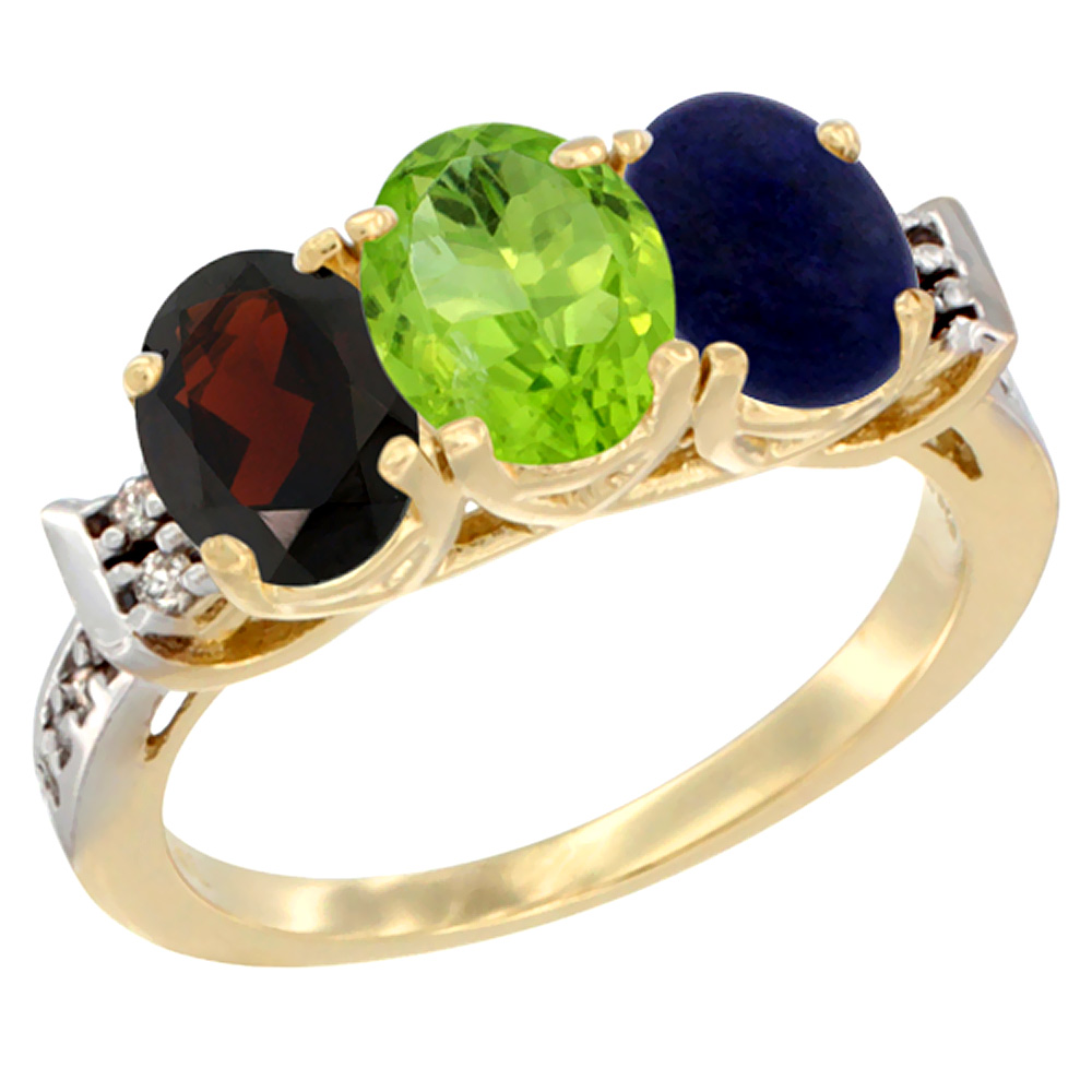 14K Yellow Gold Natural Garnet, Peridot & Lapis Ring 3-Stone 7x5 mm Oval Diamond Accent, sizes 5 - 10