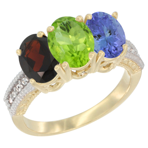 14K Yellow Gold Natural Garnet, Peridot & Tanzanite Ring 3-Stone 7x5 mm Oval Diamond Accent, sizes 5 - 10