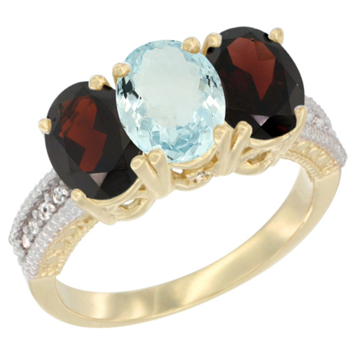 10K Yellow Gold Diamond Natural Aquamarine & Garnet Ring 3-Stone 7x5 mm Oval, sizes 5 - 10