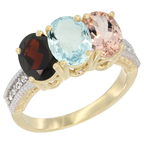 10K Yellow Gold Diamond Natural Garnet, Aquamarine & Morganite Ring 3-Stone 7x5 mm Oval, sizes 5 - 10