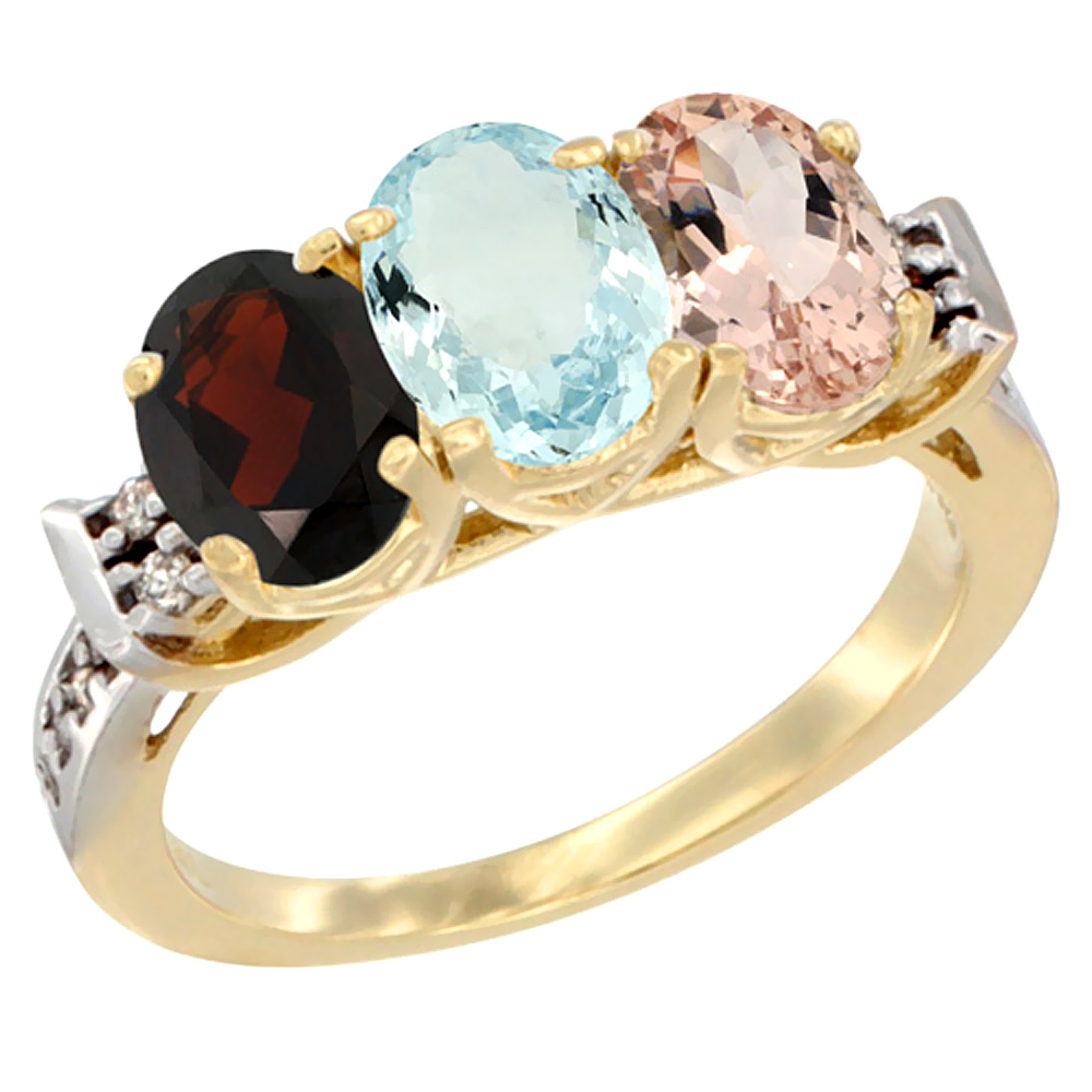10K Yellow Gold Natural Garnet, Aquamarine & Morganite Ring 3-Stone Oval 7x5 mm Diamond Accent, sizes 5 - 10