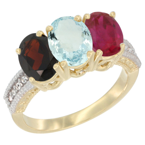 10K Yellow Gold Diamond Natural Garnet, Aquamarine & Enhanced Ruby Ring 3-Stone 7x5 mm Oval, sizes 5 - 10