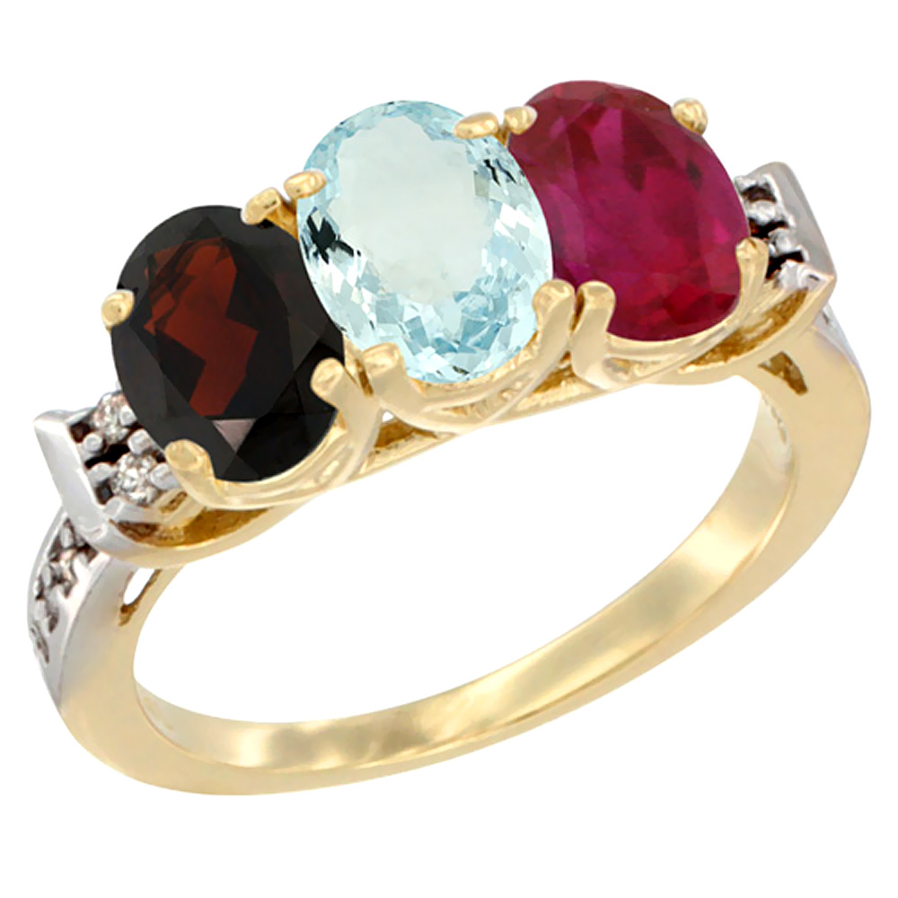 10K Yellow Gold Natural Garnet, Aquamarine & Enhanced Ruby Ring 3-Stone Oval 7x5 mm Diamond Accent, sizes 5 - 10