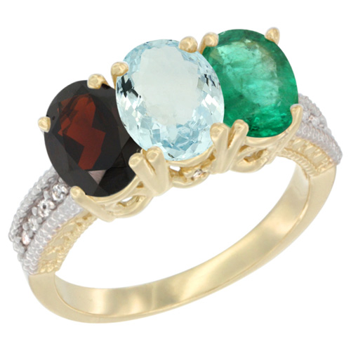 10K Yellow Gold Diamond Natural Garnet, Aquamarine & Emerald Ring 3-Stone 7x5 mm Oval, sizes 5 - 10