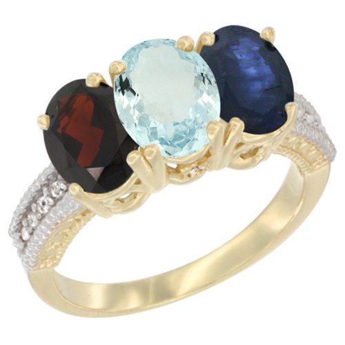 10K Yellow Gold Diamond Natural Garnet, Aquamarine & Blue Sapphire Ring 3-Stone 7x5 mm Oval, sizes 5 - 10