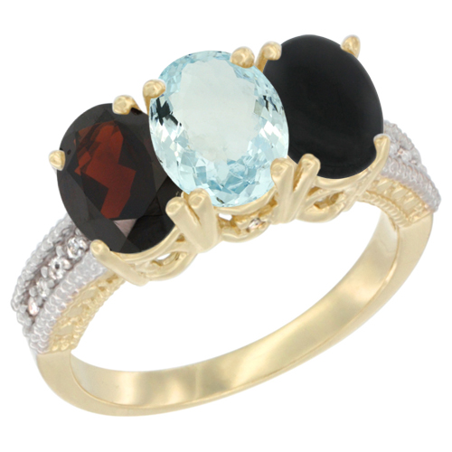 10K Yellow Gold Diamond Natural Garnet, Aquamarine & Black Onyx Ring 3-Stone 7x5 mm Oval, sizes 5 - 10