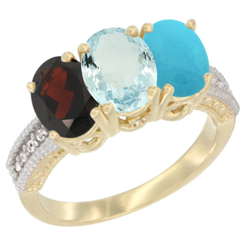 10K Yellow Gold Diamond Natural Garnet, Aquamarine & Turquoise Ring 3-Stone 7x5 mm Oval, sizes 5 - 10