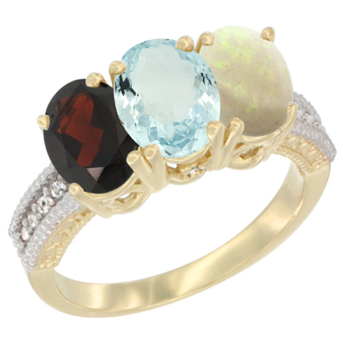 10K Yellow Gold Diamond Natural Garnet, Aquamarine & Opal Ring 3-Stone 7x5 mm Oval, sizes 5 - 10