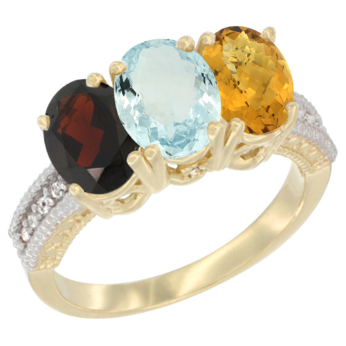 10K Yellow Gold Diamond Natural Garnet, Aquamarine & Whisky Quartz Ring 3-Stone 7x5 mm Oval, sizes 5 - 10