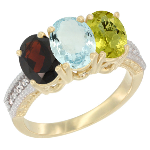 10K Yellow Gold Diamond Natural Garnet, Aquamarine & Lemon Quartz Ring 3-Stone 7x5 mm Oval, sizes 5 - 10