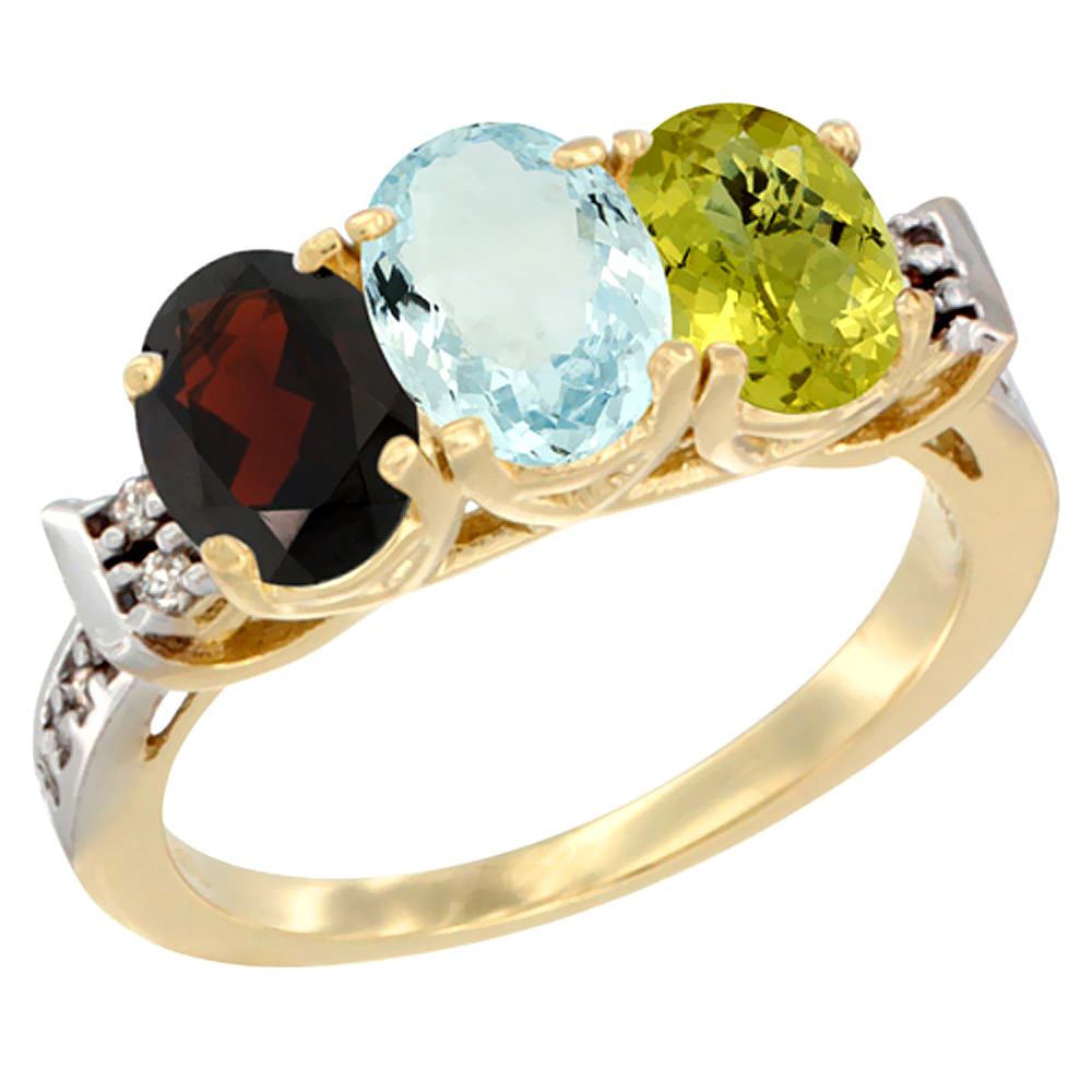 10K Yellow Gold Natural Garnet, Aquamarine & Lemon Quartz Ring 3-Stone Oval 7x5 mm Diamond Accent, sizes 5 - 10
