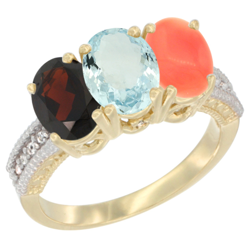 10K Yellow Gold Diamond Natural Garnet, Aquamarine & Coral Ring 3-Stone 7x5 mm Oval, sizes 5 - 10