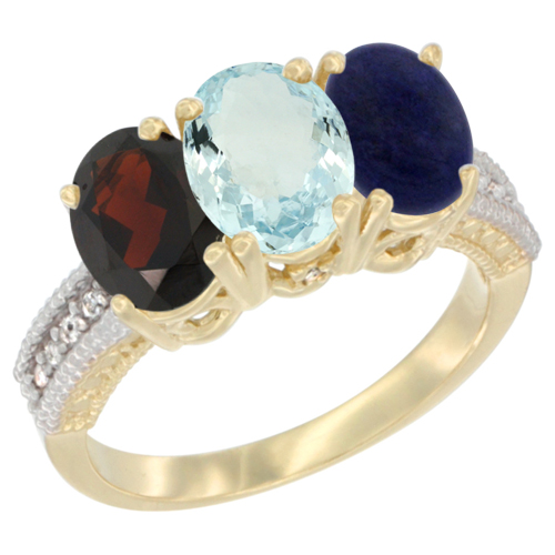 10K Yellow Gold Diamond Natural Garnet, Aquamarine & Lapis Ring 3-Stone 7x5 mm Oval, sizes 5 - 10