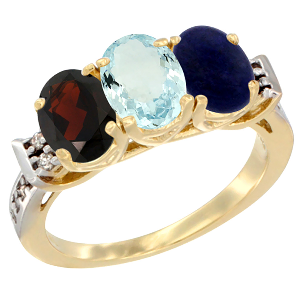 10K Yellow Gold Natural Garnet, Aquamarine & Lapis Ring 3-Stone Oval 7x5 mm Diamond Accent, sizes 5 - 10