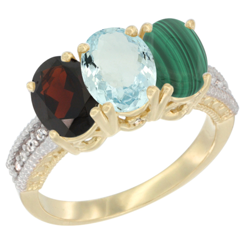 10K Yellow Gold Diamond Natural Garnet, Aquamarine & Malachite Ring 3-Stone 7x5 mm Oval, sizes 5 - 10