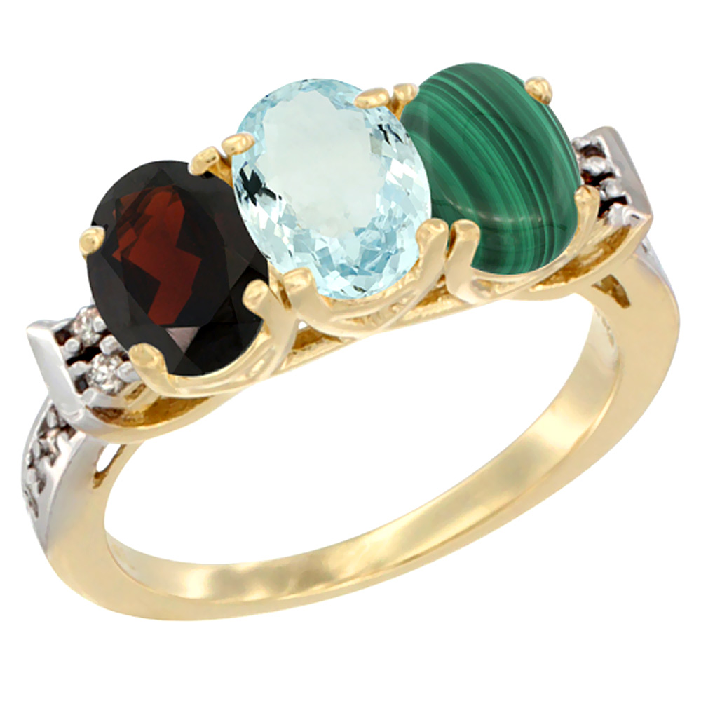 10K Yellow Gold Natural Garnet, Aquamarine & Malachite Ring 3-Stone Oval 7x5 mm Diamond Accent, sizes 5 - 10
