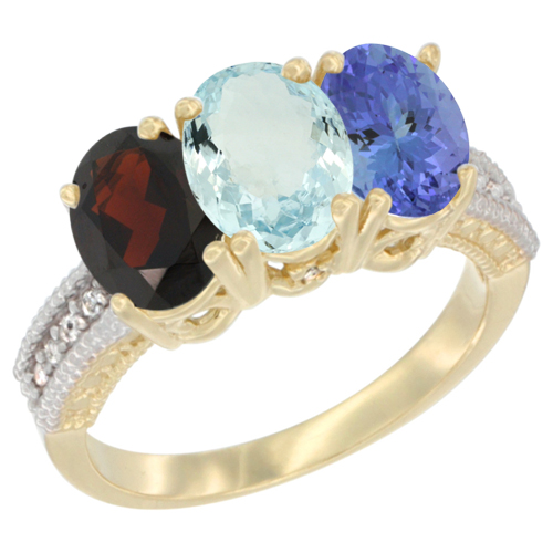 10K Yellow Gold Diamond Natural Garnet, Aquamarine & Tanzanite Ring 3-Stone 7x5 mm Oval, sizes 5 - 10