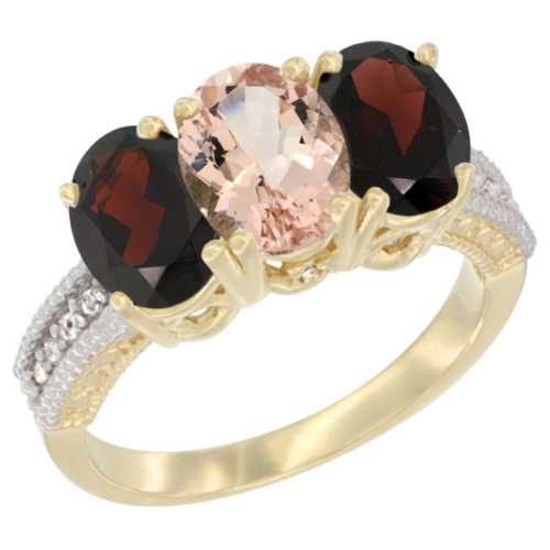 14K Yellow Gold Natural Morganite & Garnet Sides Ring 3-Stone 7x5 mm Oval Diamond Accent, sizes 5 - 10